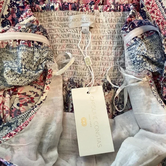 Caroline Constas Tiered Ruffled Cotton Frill Dress Pockets V-Neck Smocked Back - Picture 11 of 16